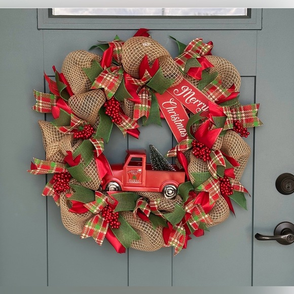 Red Truck Christmas Wreath Farmhouse Plaid Rustic Holiday Decor Made to Order - Picture 5 of 6